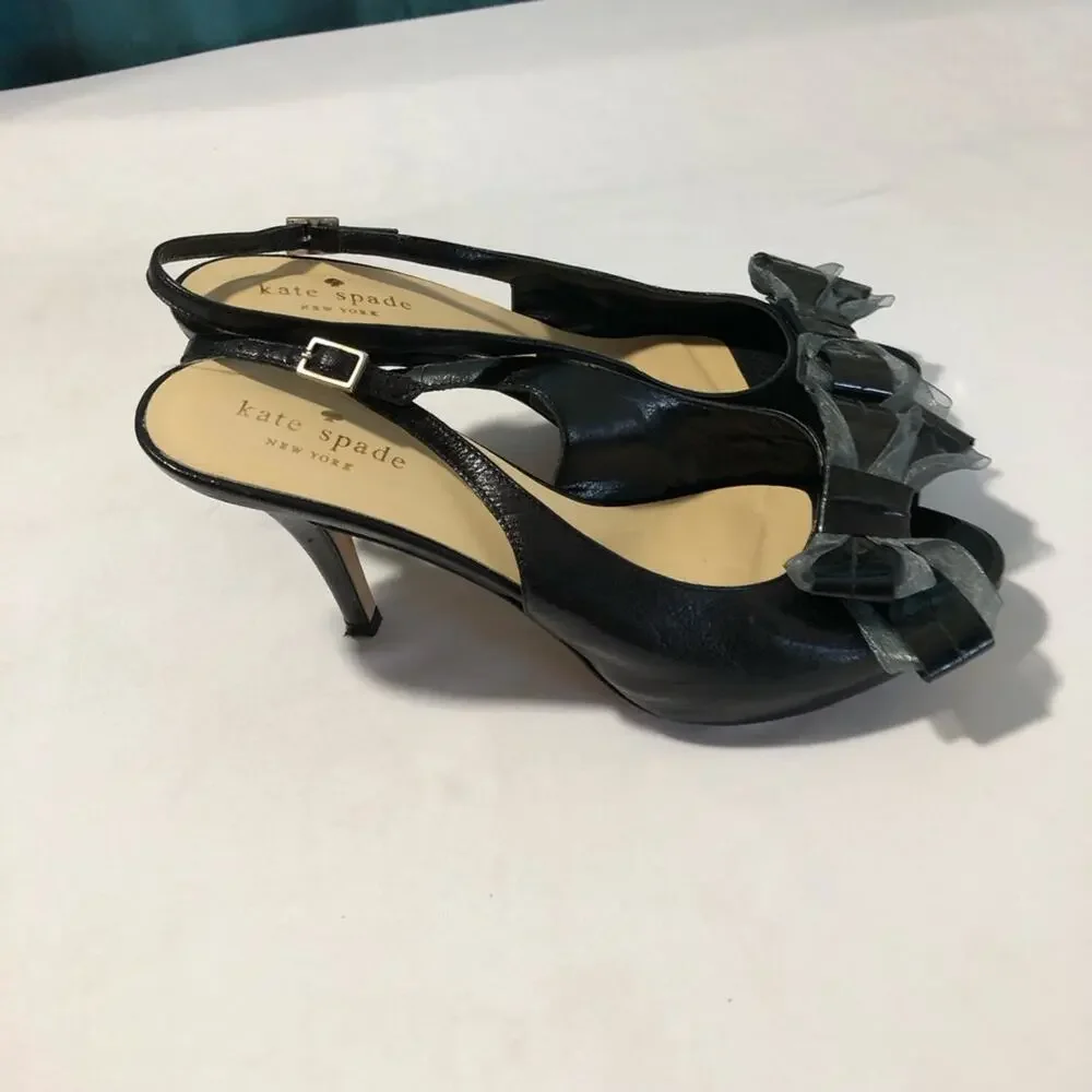 Kate Spade New York black leather slingback peep toe pumps sheer bows womens 6
